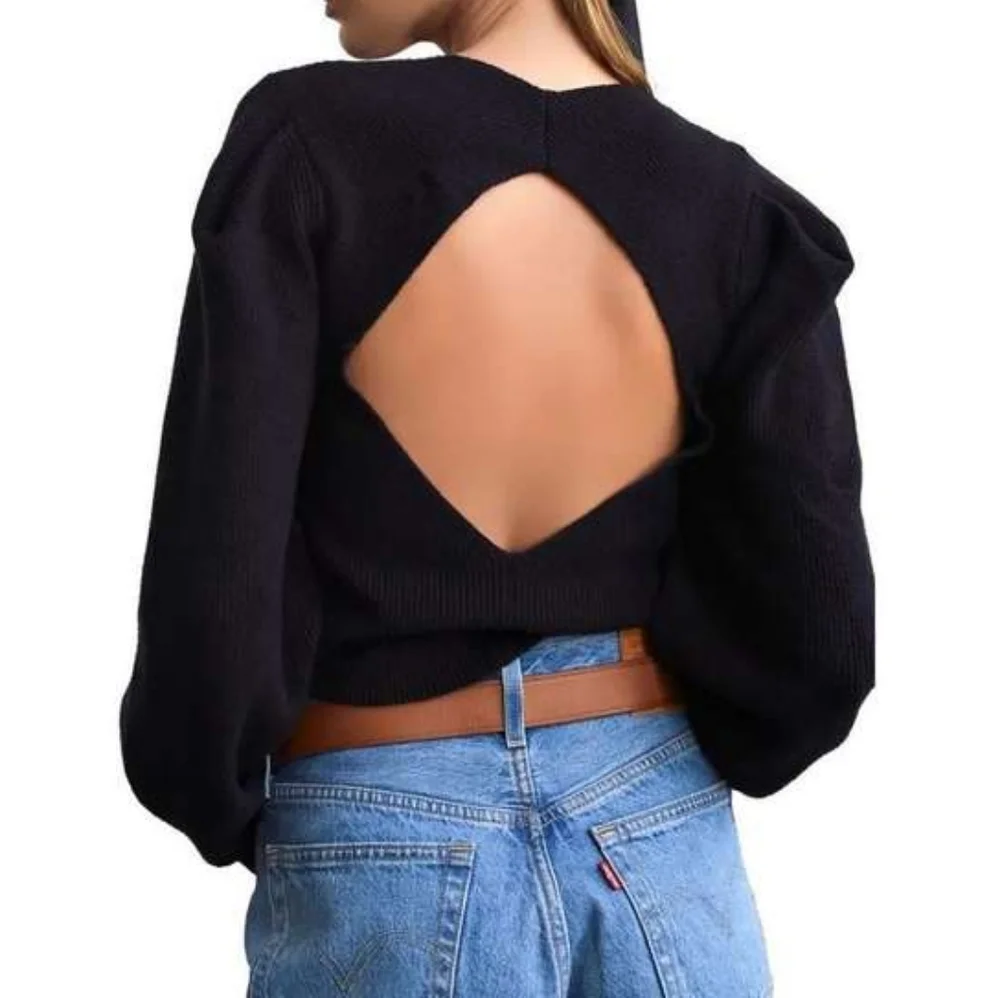 NEW Free People Women’s Saffron Sweater Top Open Back Puff Sleeves Black - Picture 3 of 5